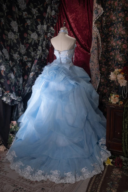 Princesses Fairytale Ball Gown Strapless Blue White Lace Long With Ruffled Quince Dress Quinceanera Dresses Formal Birthday Outfits RB8034