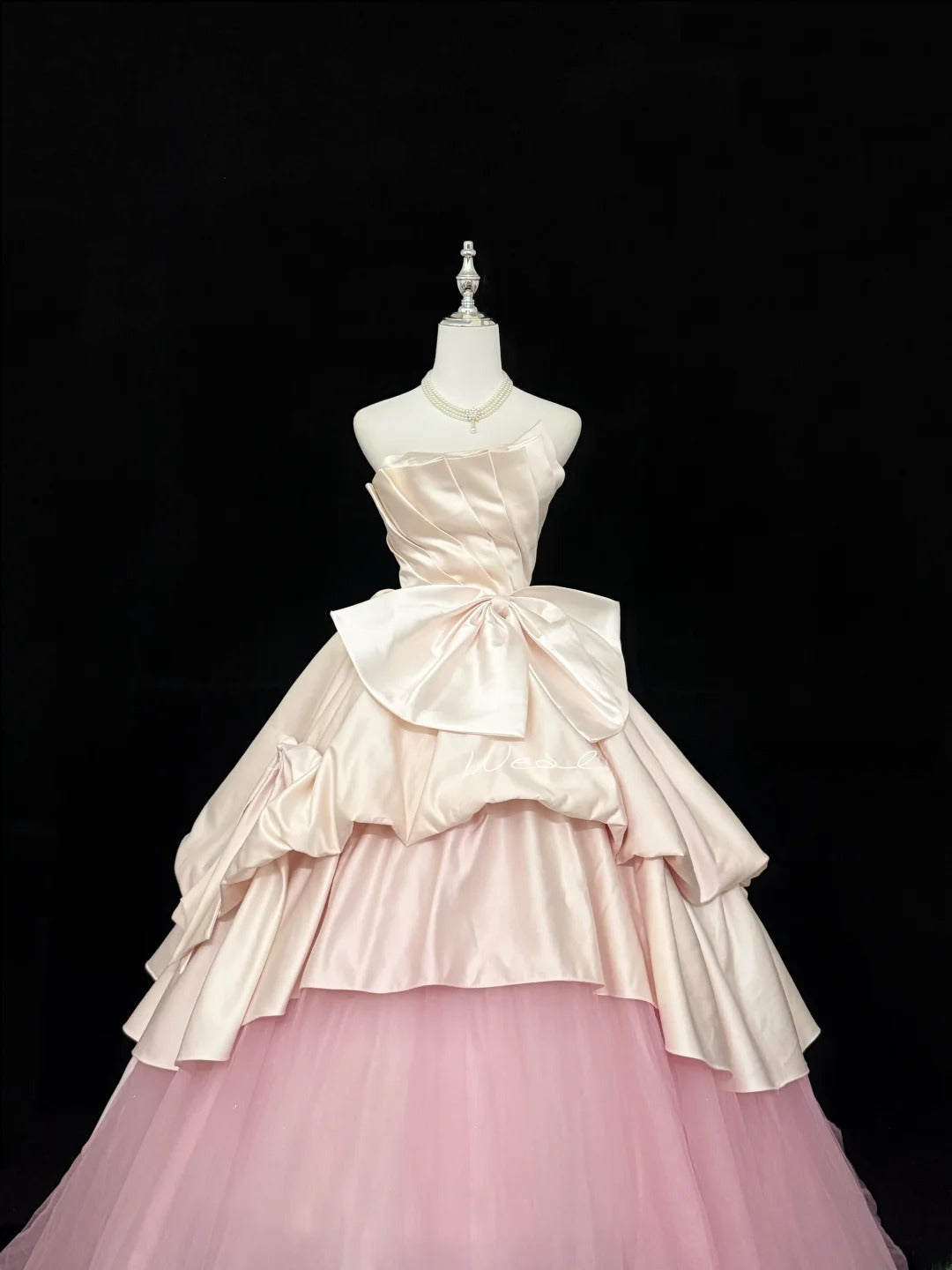 Sweety Prom Dresses Ball Gown Pink Strapless Sleeveless With Bow-knot Tulle Evening Long Formal Dress RB7383