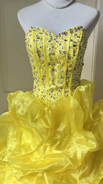 Sweet 15 Quinceanera Dress Ball Gown Sweetheart Yellow With Silver Beading Long 15th Birthday Gown RC0379