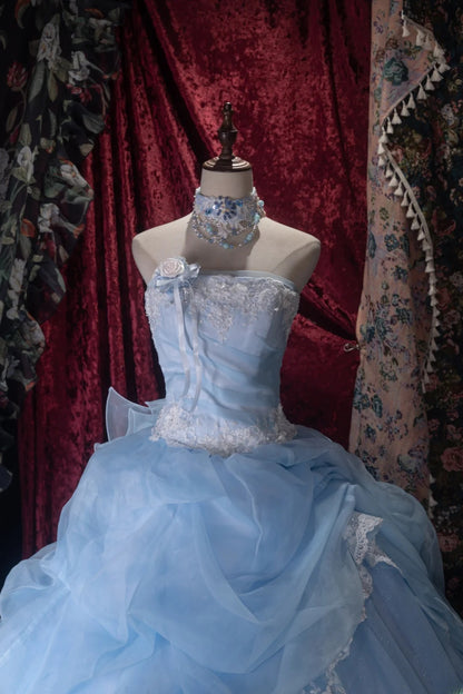 Princesses Fairytale Ball Gown Strapless Blue White Lace Long With Ruffled Quince Dress Quinceanera Dresses Formal Birthday Outfits RB8034