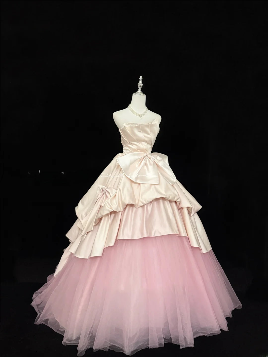 Sweety Prom Dresses Ball Gown Pink Strapless Sleeveless With Bow-knot Tulle Evening Long Formal Dress RB7383