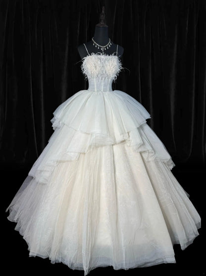 Ethereal Wedding Gowns Brides Dresses Ball Gown Spaghetti Straps for Bride Tüll White Petite/Plus Size Bridal Dress with Feathers For Women AS009