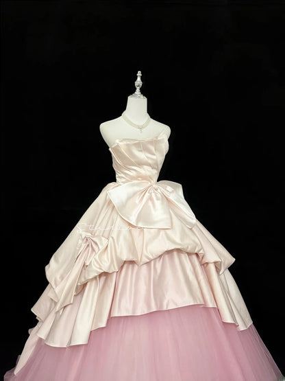 Sweety Prom Dresses Ball Gown Pink Strapless Sleeveless With Bow-knot Tulle Evening Long Formal Dress RB7383