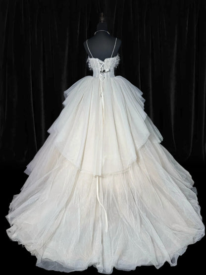Ethereal Wedding Gowns Brides Dresses Ball Gown Spaghetti Straps for Bride Tüll White Petite/Plus Size Bridal Dress with Feathers For Women AS009