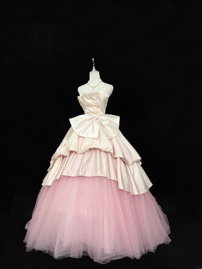 Sweety Prom Dresses Ball Gown Pink Strapless Sleeveless With Bow-knot Tulle Evening Long Formal Dress RB7383