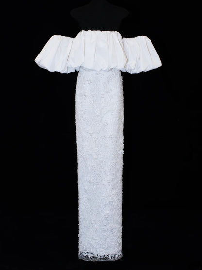 Elegantes, schlichtes Brautkleid im Etui-Stil mit schulterfreiem Schnitt, kurzen Ärmeln und Spitze, auch in kleinen Größen/Plus Size erhältlich, Modell SA009