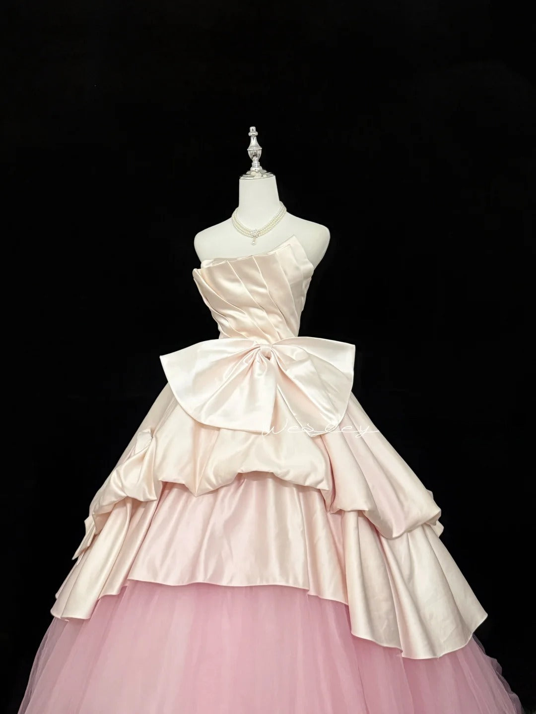 Sweety Prom Dresses Ball Gown Pink Strapless Sleeveless With Bow-knot Tulle Evening Long Formal Dress RB7383