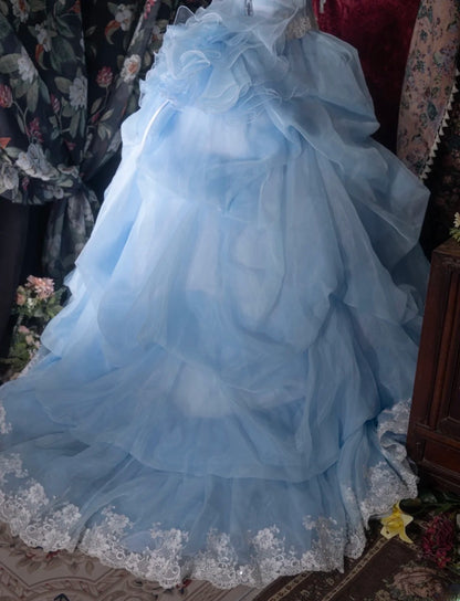 Princesses Fairytale Ball Gown Strapless Blue White Lace Long With Ruffled Quince Dress Quinceanera Dresses Formal Birthday Outfits RB8034