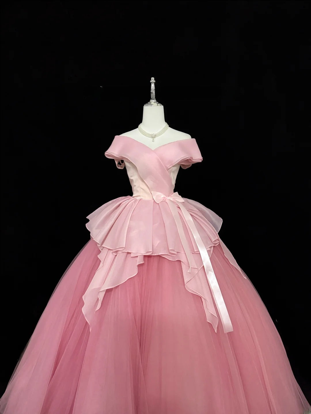 Sweety Prom Dresses Ball Gown Pink Off The Shoulder With Bow-knot Tulle Evening Long Formal Dress RB7384