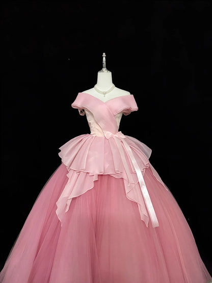Sweety Prom Dresses Ball Gown Pink Off The Shoulder With Bow-knot Tulle Evening Long Formal Dress RB7384