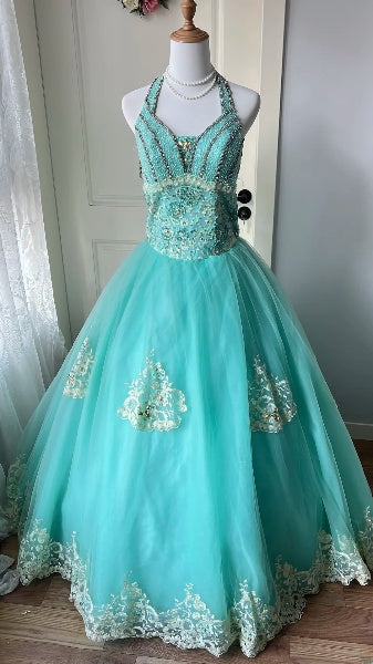 Langes Neckholder-Abendkleid für den 16. Geburtstag aus blauem Tüll, ärmelloses Ballkleid, Sweet Sixteen Geburtstagskleid RC0380