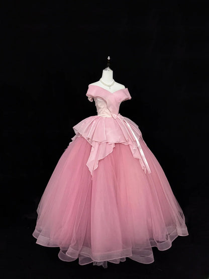 Sweety Prom Dresses Ball Gown Pink Off The Shoulder With Bow-knot Tulle Evening Long Formal Dress RB7384