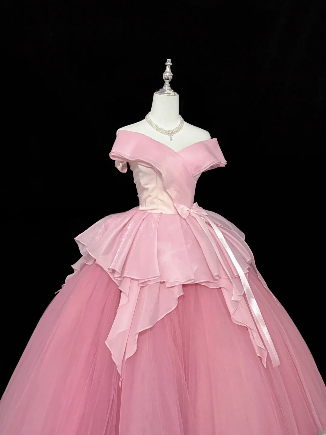 Sweety Prom Dresses Ball Gown Pink Off The Shoulder With Bow-knot Tulle Evening Long Formal Dress RB7384