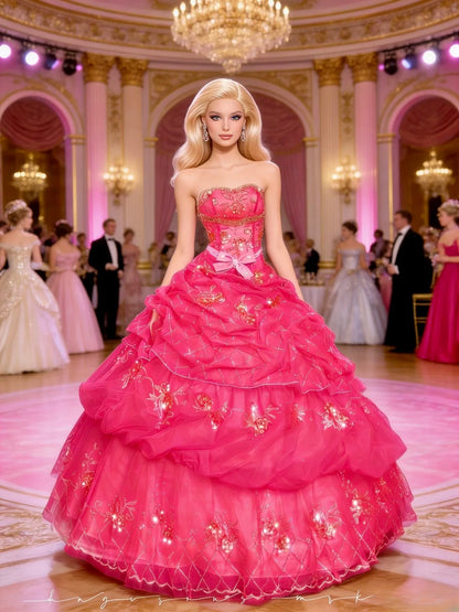 Prinzessin Ballkleid Trägerlos Hot Pink Mit Gestuften Perlen Sweet 16 Kleider Quinceanera Kleid RB3352