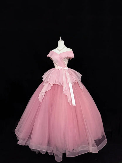 Sweety Prom Dresses Ball Gown Pink Off The Shoulder With Bow-knot Tulle Evening Long Formal Dress RB7384