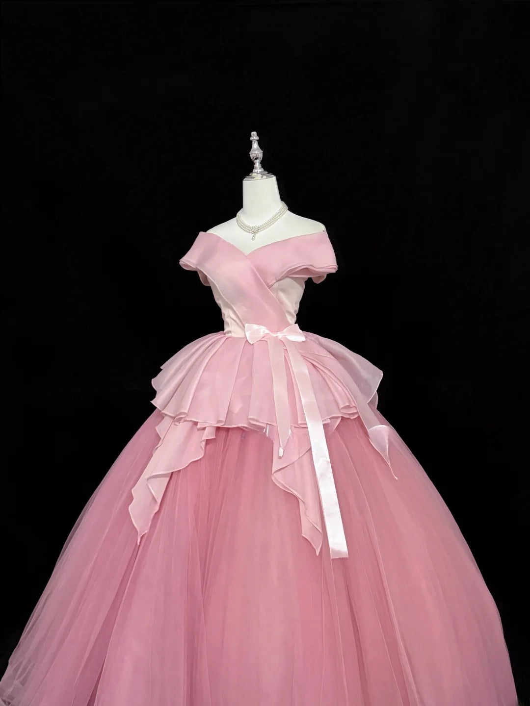 Sweety Prom Dresses Ball Gown Pink Off The Shoulder With Bow-knot Tulle Evening Long Formal Dress RB7384