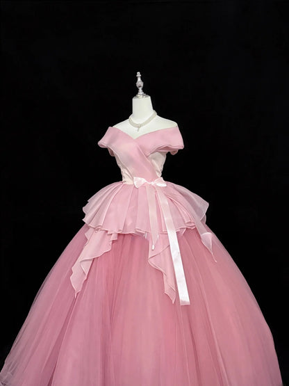 Sweety Prom Dresses Ball Gown Pink Off The Shoulder With Bow-knot Tulle Evening Long Formal Dress RB7384