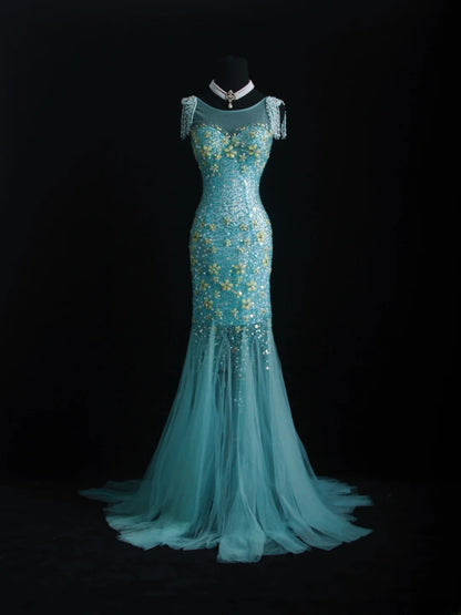 Vintage-Abendkleider im 90er-Jahre-Stil, formell, Meerjungfrauen-Stil, Rundhalsausschnitt, blauer Tüll, lange Partykleider, AS010