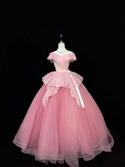 Sweety Prom Dresses Ball Gown Pink Off The Shoulder With Bow-knot Tulle Evening Long Formal Dress RB7384