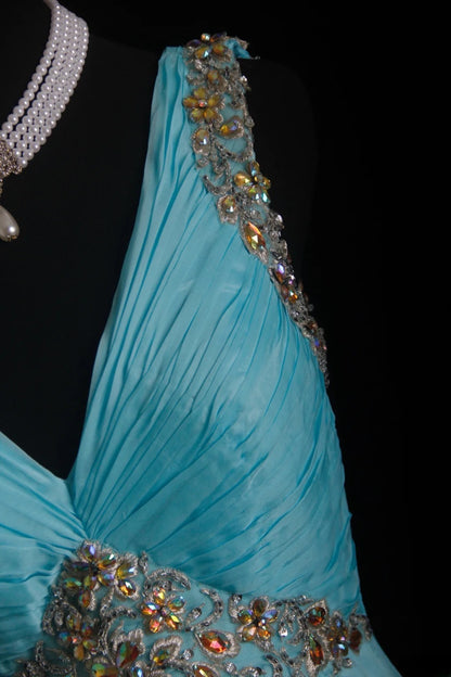 Vintage-Abendkleider im Stil der 90er Jahre, formell, A-Linie, V-Ausschnitt, blauer Chiffon, lange Partykleider, AS011