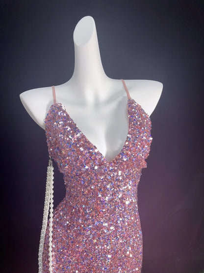 Robe fourreau vintage à fines bretelles et sequins roses, courte, idéale pour un bal de promo, un 16e anniversaire ou une soirée cocktail (AS011)