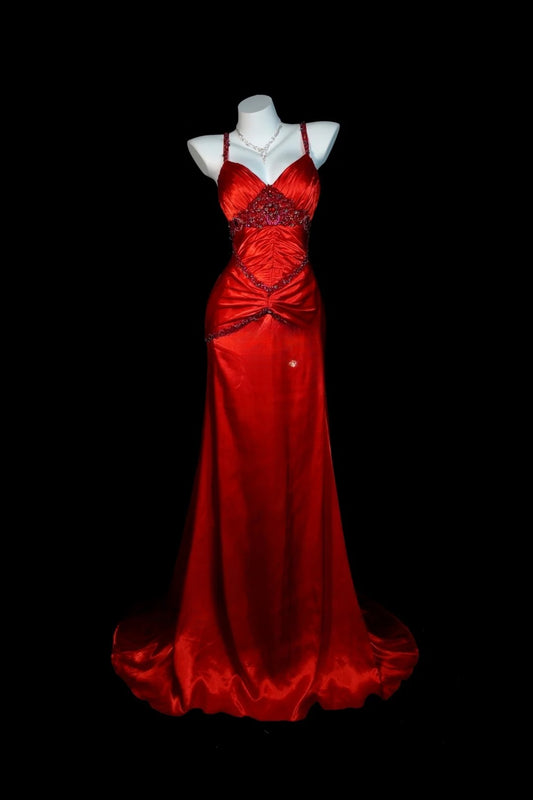 Rotes Abendkleid, Meerjungfrauen-Schnitt, Spaghettiträger, Satin, dezent, bodenlang, formelles Partykleid RB9819