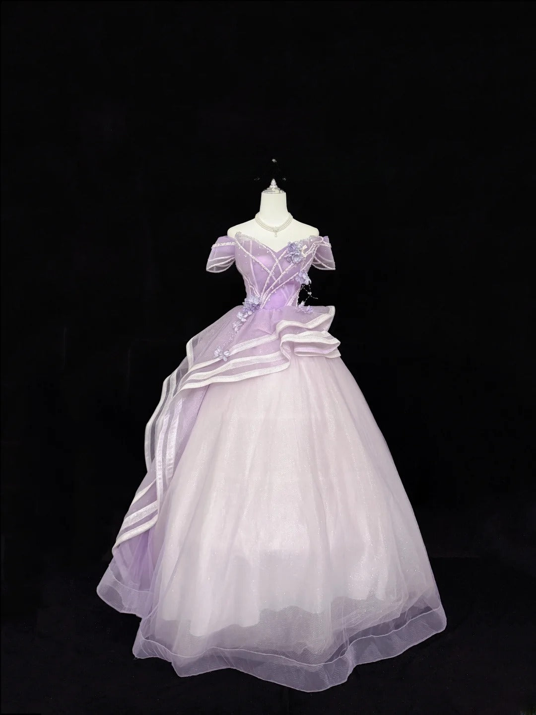 Sweety Prom Dresses Ball Gown Lilac Off The Shoulder With Flowers Tulle Evening Long Formal Dress RB7385