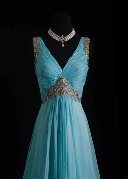 Vintage-Abendkleider im Stil der 90er Jahre, formell, A-Linie, V-Ausschnitt, blauer Chiffon, lange Partykleider, AS011