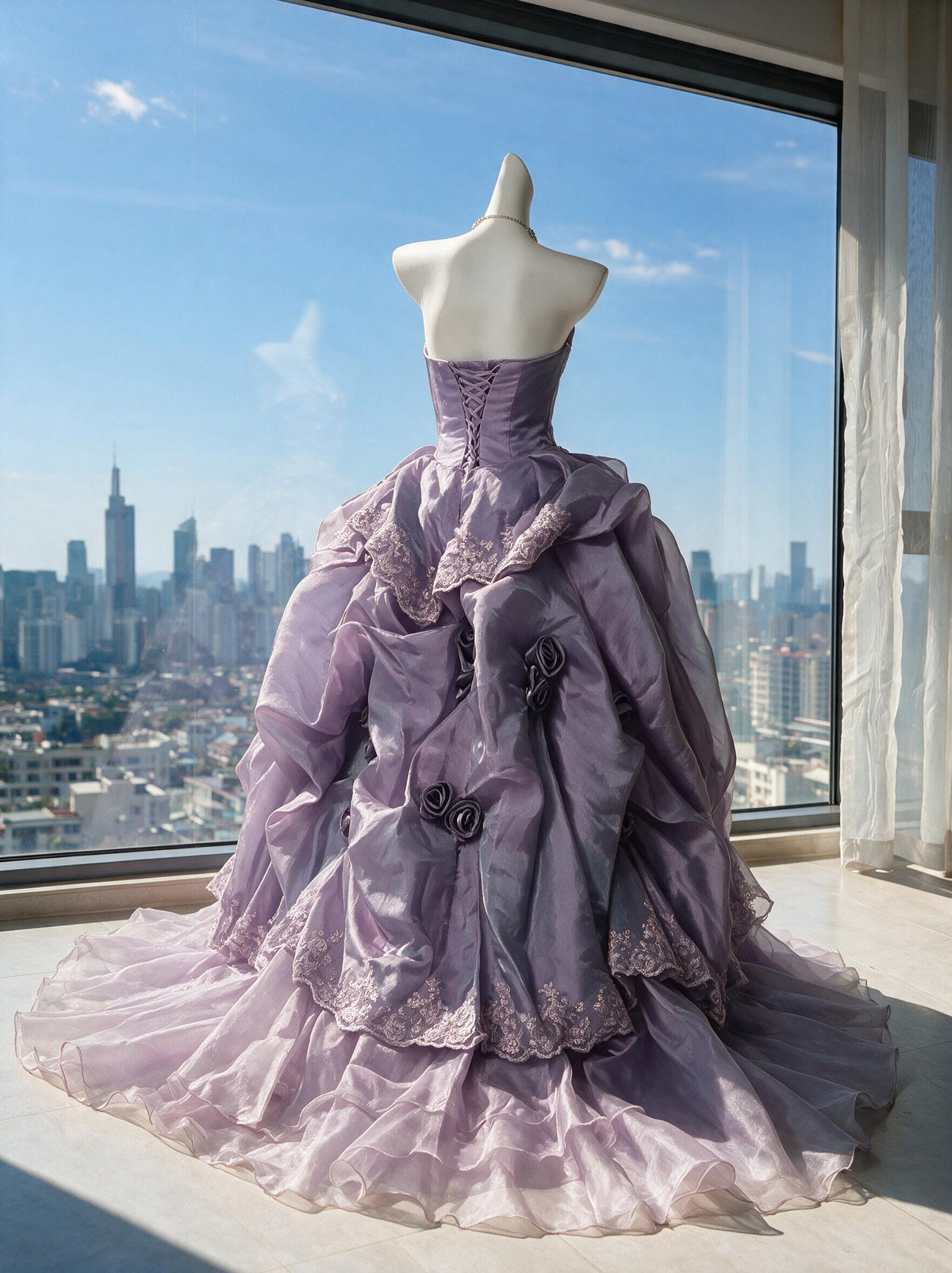 Fairy Quinceanera Dress Ball Gown Sweetheart Lilac With Flowers Tiered 16th Birthday Party Outfit RC0971