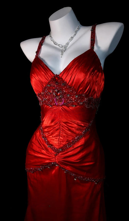Red Prom Dress Mermaid Spaghetti Straps Satin Modest Floor Length Formal Party Gown RB9819