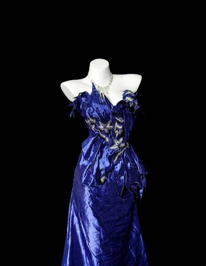 Vintage Prom Dresses Mermaid Sweetheart Royal Blue Satin With Lace 1950s Retro Classy Party Formal Outfits RB6363