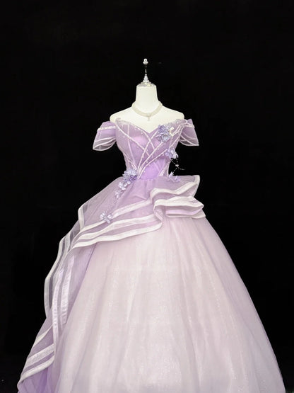Sweety Prom Dresses Ball Gown Lilac Off The Shoulder With Flowers Tulle Evening Long Formal Dress RB7385