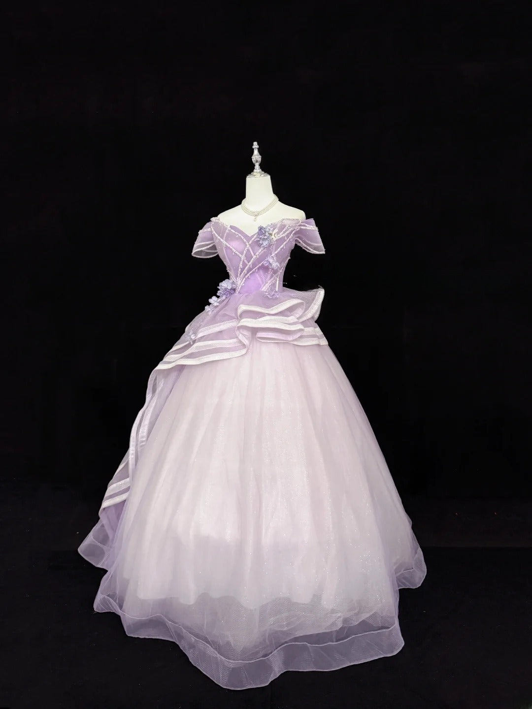 Sweety Prom Dresses Ball Gown Lilac Off The Shoulder With Flowers Tulle Evening Long Formal Dress RB7385