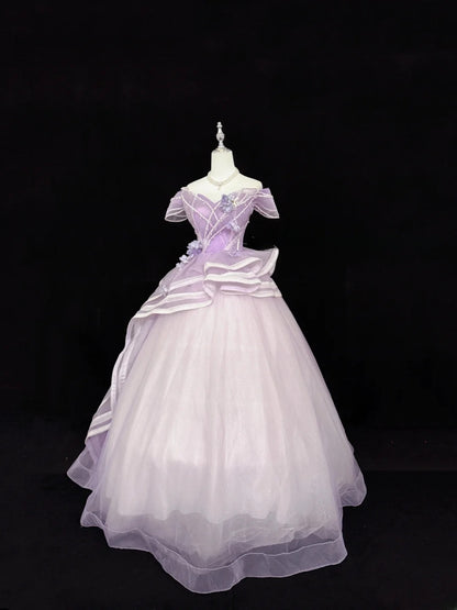 Sweety Prom Dresses Ball Gown Lilac Off The Shoulder With Flowers Tulle Evening Long Formal Dress RB7385
