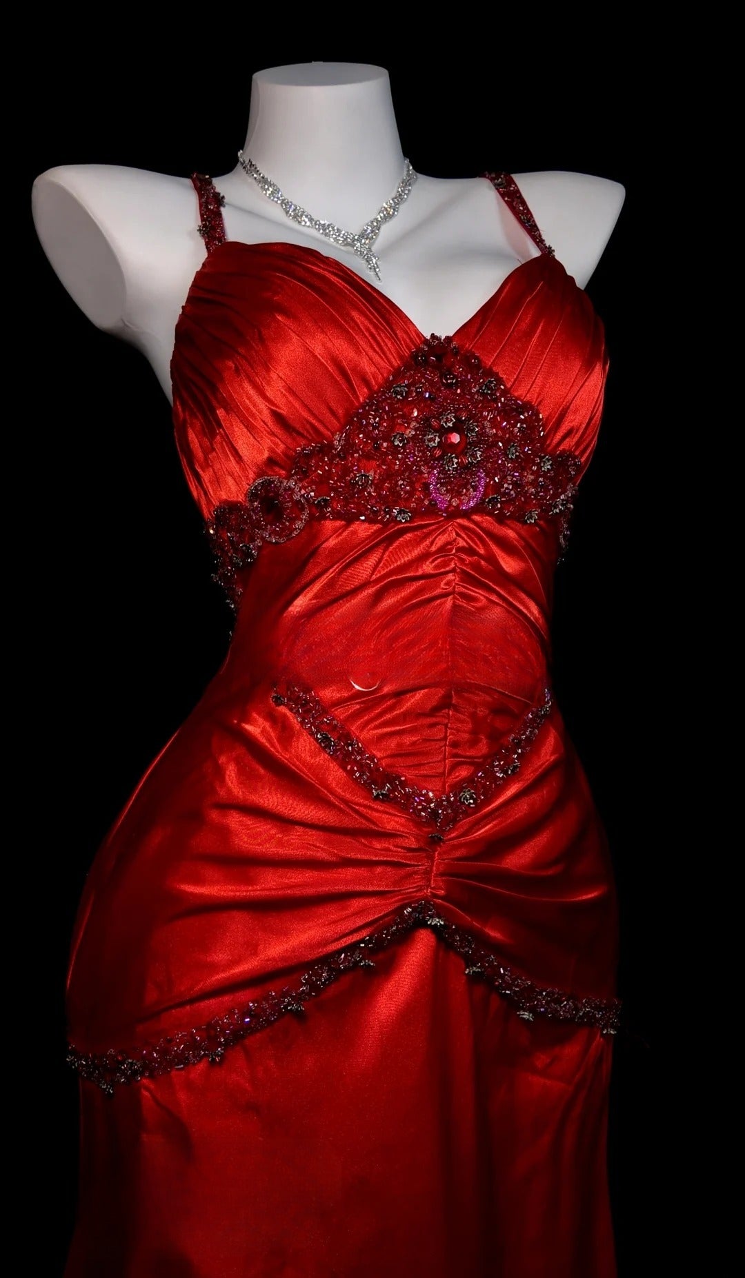 Red Prom Dress Mermaid Spaghetti Straps Satin Modest Floor Length Formal Party Gown RB9819
