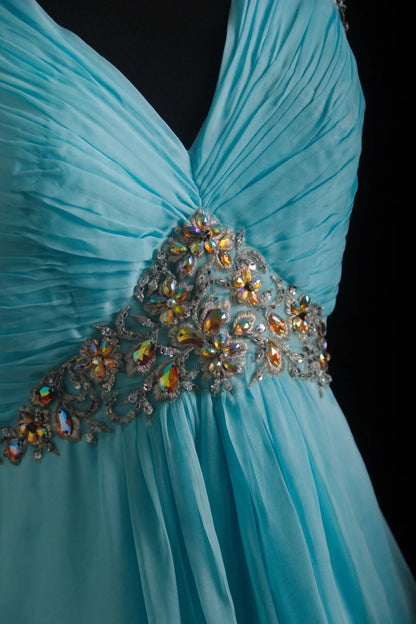 Vintage-Abendkleider im Stil der 90er Jahre, formell, A-Linie, V-Ausschnitt, blauer Chiffon, lange Partykleider, AS011