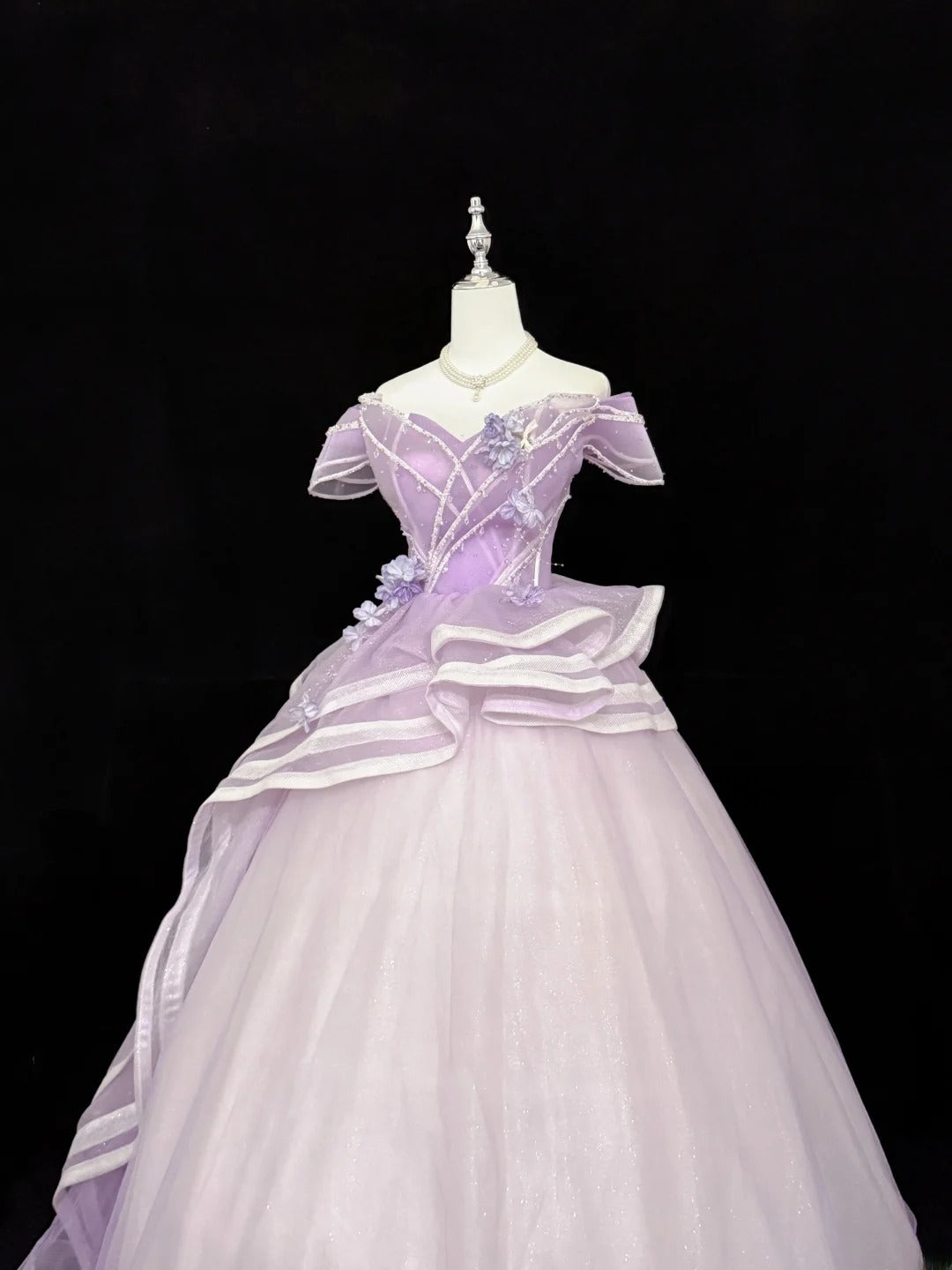 Sweety Prom Dresses Ball Gown Lilac Off The Shoulder With Flowers Tulle Evening Long Formal Dress RB7385