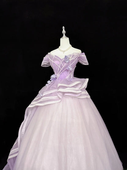 Sweety Prom Dresses Ball Gown Lilac Off The Shoulder With Flowers Tulle Evening Long Formal Dress RB7385
