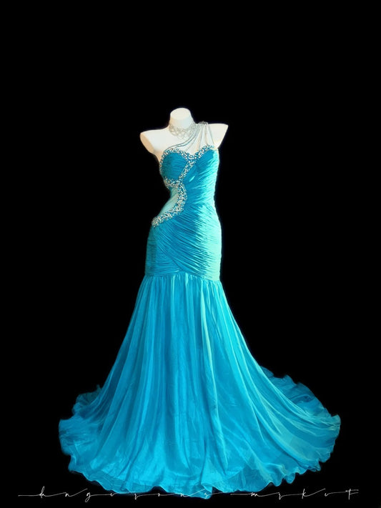 Modest Prom Dresses Mermaid One Shoulder Blue With Beading Long Evening Formal Outfits RB3353