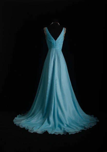 Vintage-Abendkleider im Stil der 90er Jahre, formell, A-Linie, V-Ausschnitt, blauer Chiffon, lange Partykleider, AS011