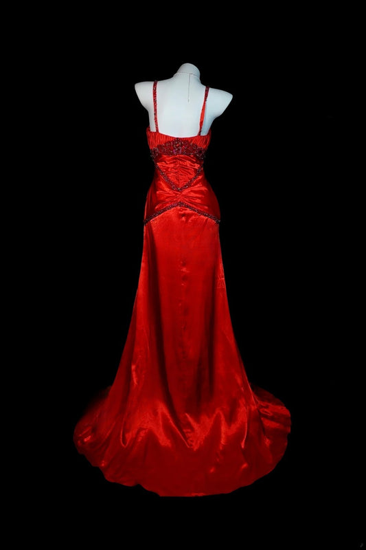 Rotes Abendkleid, Meerjungfrauen-Schnitt, Spaghettiträger, Satin, dezent, bodenlang, formelles Partykleid RB9819