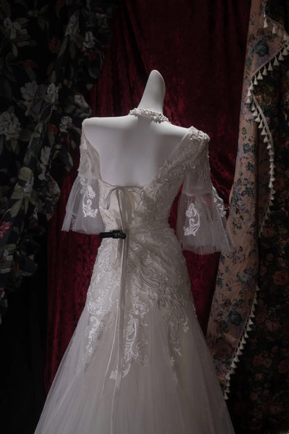 Vintage 80s Mermaid Strapless Lace Tulle White With Appliques Sleeves Brides Gown Bridal Dress Wedding Dresses RB8036