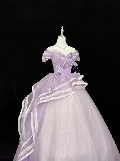 Sweety Prom Dresses Ball Gown Lilac Off The Shoulder With Flowers Tulle Evening Long Formal Dress RB7385
