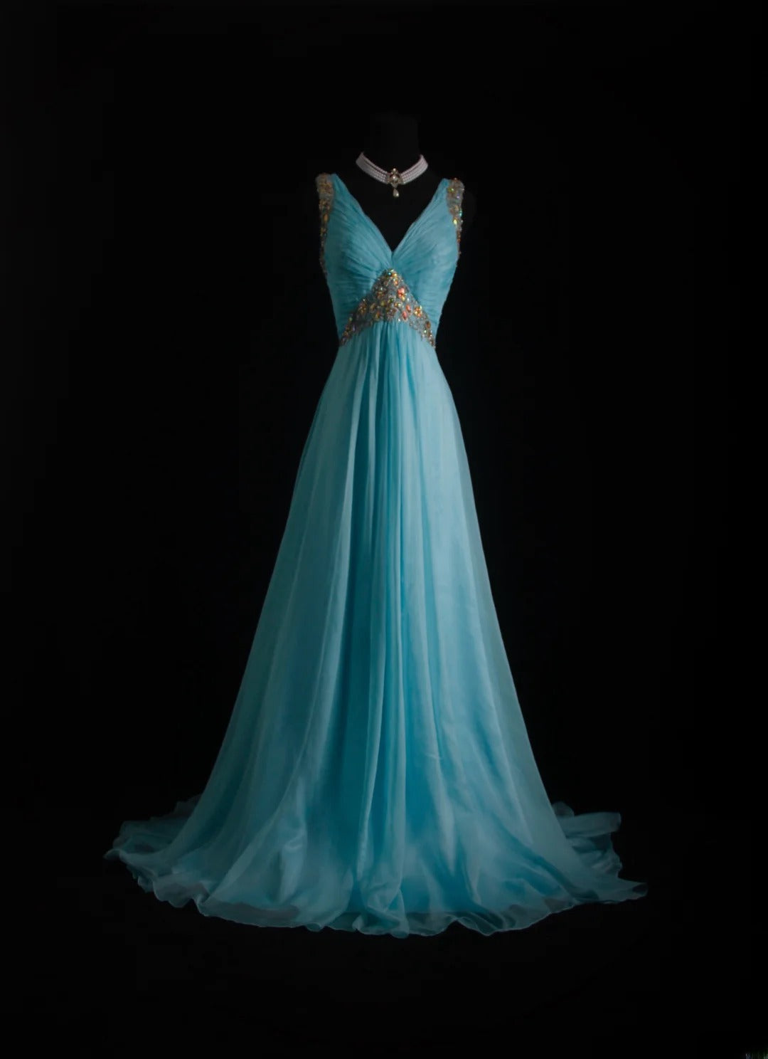 Vintage-Abendkleider im Stil der 90er Jahre, formell, A-Linie, V-Ausschnitt, blauer Chiffon, lange Partykleider, AS011