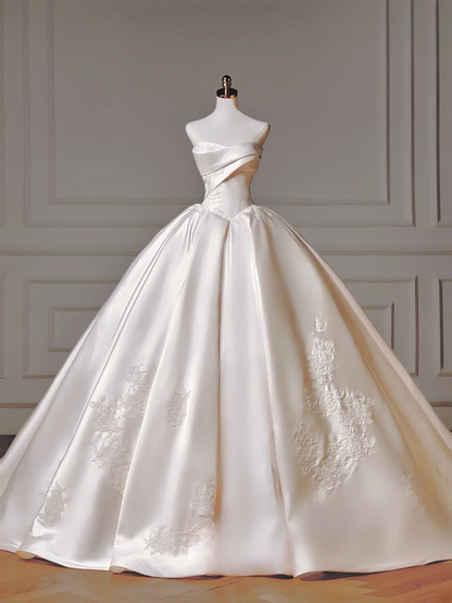 Langes Prinzessinnen-Brautkleid, Ballkleid mit Herzausschnitt, plissiertem Tüll und abnehmbaren Ärmeln, weißes Brautkleid AQ011