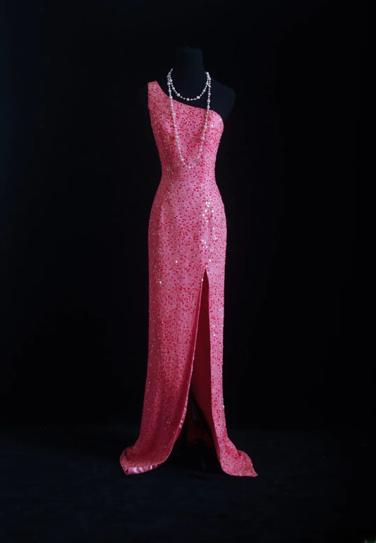 Robe de bal vintage années 90, fourreau asymétrique rose à sequins, longue robe de soirée AS012