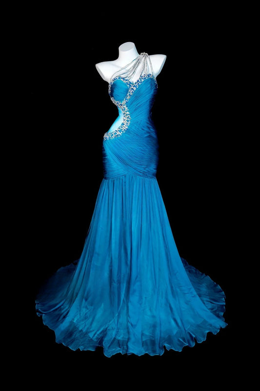 Blaues Ballkleid Meerjungfrau mit einer Schulter aus Satin, dezent, bodenlang, formelles Partykleid RB9820