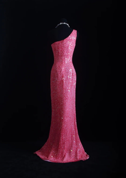 Robe de bal vintage années 90, fourreau asymétrique rose à sequins, longue robe de soirée AS012