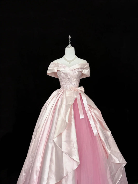 Sweety Prom Dresses Ball Gown Pink Off The Shoulder With Lace Tulle Evening Long Formal Dress RB7386