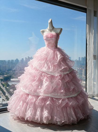 Fairy Quinceanera Dress Ball Gown Off The Shoulder Pink With Layers Tiered 16th Birthday Party Outfit RC0972